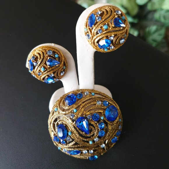 Vintage La Roco Blue Rhinestone Round Brooch & Earring Set - Picture 3 of 7